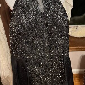 Rachel Allan Black Romper with Silver Accents and Small Overskirt
